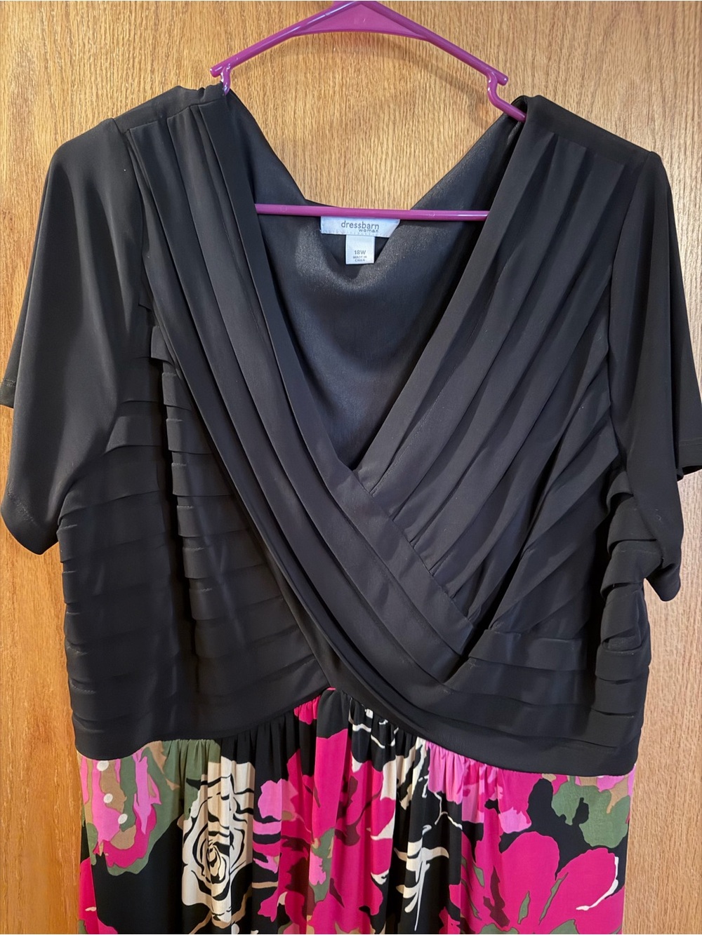 dressbarn Black Bodice with Fuchsia & Olive Floral Midi Dress - Picture 2 of 4